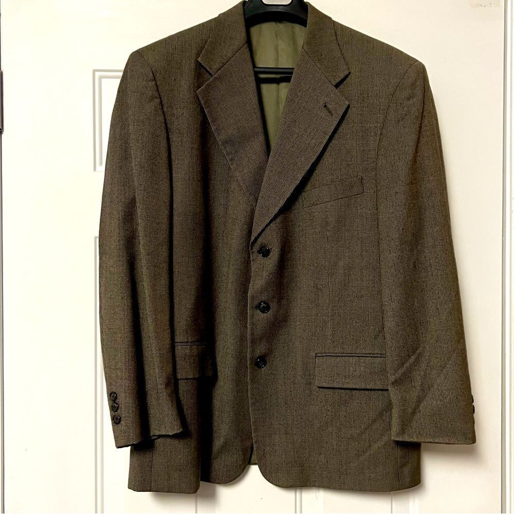 VTG 90s GIVENCHY Monsieur Brown Houndstooth Wool 3 Button Jacket Blazer 46 R